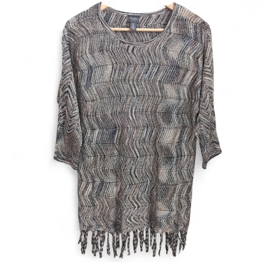 Chicos Travelers Top Womens 2 US Large Taupe Knit Fringe‎ Hem Blouse Casual